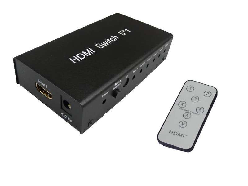 5x1 (5 input ports) HDMI Switch with built-in Equalizer and Remote Control - HDCP 1.2, HDMI v1.3