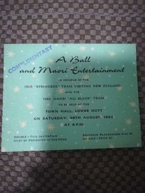 Springbok Team visiting New Zealand Ball ticket 1965