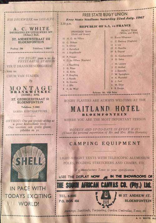 Springboks vs France 22/07/1967 Programme!!