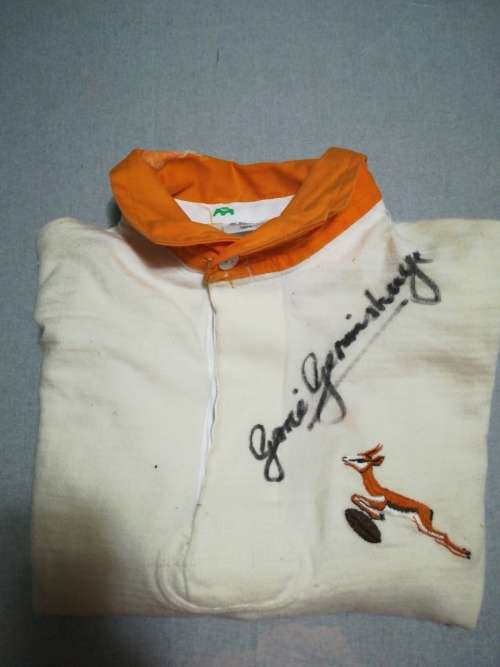 Springbok White Jersey signed Gerrie Germishuys can be reframed!