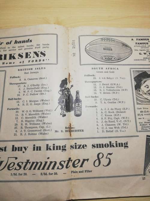 South Africa vs British Lions 06 August 1955 Match Programme!!