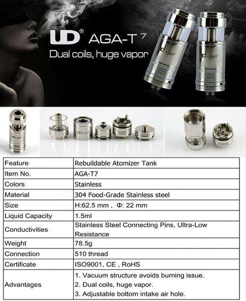Stainless steel body with pyrex glass tank, and 510 thread connection.  1. Vacuum system (Kayfun Style) 2. Dual coil 3. Filling screw on the top, easy fill. 4. Airflow control ring  *Size: L 62.5mm,W 22mm *Eliquid capacity: 3.5ml Package included: 1 x AGA-T7 Rebuildable Atomizer 1 x Resistance Wire for Coil 2 x Fiberglass wick 1 x Extra Screw 3 x Extra Black O-Ring 1 x Extra Insulation Cap Ring