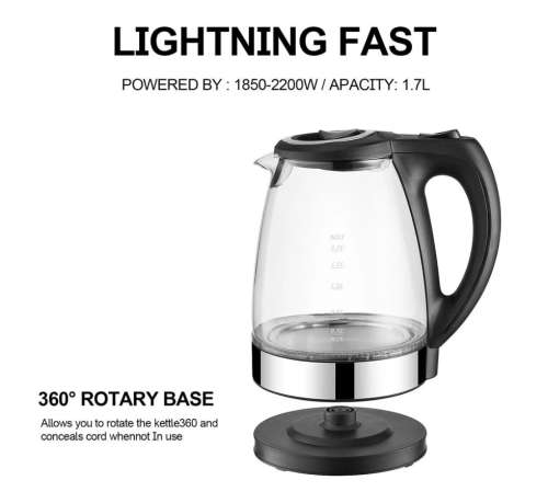 Electric Kettle Stainless Steel Glass  Pot Electric Water Heater with Blue Led - NEW