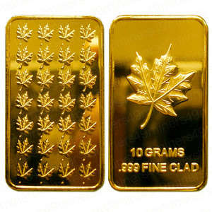 10g .999 FINE 24k GOLD CLAD MAPLE LEAF BAR
