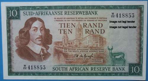 T. W De Jongh 1975 to 1976 Replacement Ten rand. R10.00 note. W22 418853. Extra fine
