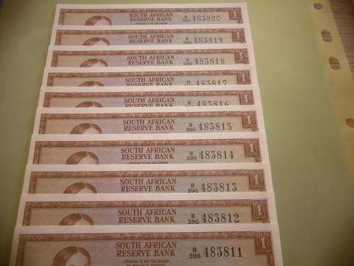 1975 de Jongh R1.00 notes. One rand notes B396 483811 to 483820 uncirculated