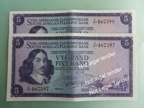 Rissik 1966 R5.00 Five rand note..F27 460397 and 460398 2 note sequence