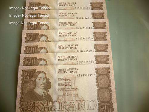 R20.00 notes twenty rand notes Stals CE 8394957 D to CE 8394963