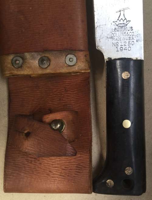 1940 Legitimus Collins No. 1250 machete.....with remnant of paper label and original scabbard