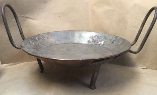 Antique Cape tart pan.....tinned copper, having wrought iron legs and classic hoop handles
