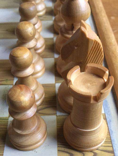 Staunton style magnetised wooden pieces, in case opens with board 195 x 195 mm