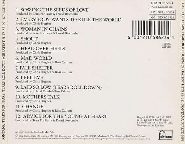 Tears For Fears - Tears Roll Down (Greatest Hits 82-92) CD