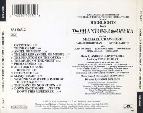 Highlights From the Phantom of the Opera - Original Cast Recording CD Import