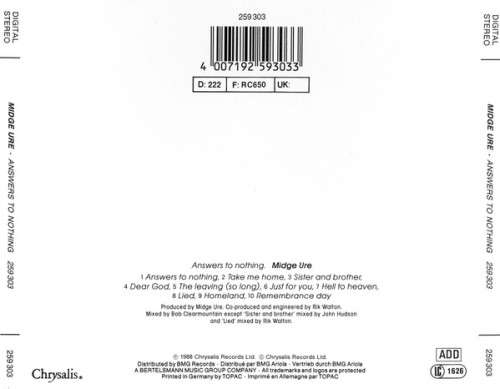 Midge Ure - Answers To Nothing CD Import