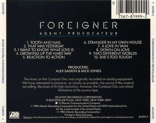 Foreigner - Agent Provocateur CD Import