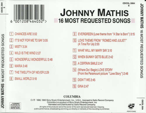 Johnny Mathis - 16 Most Requested Songs CD