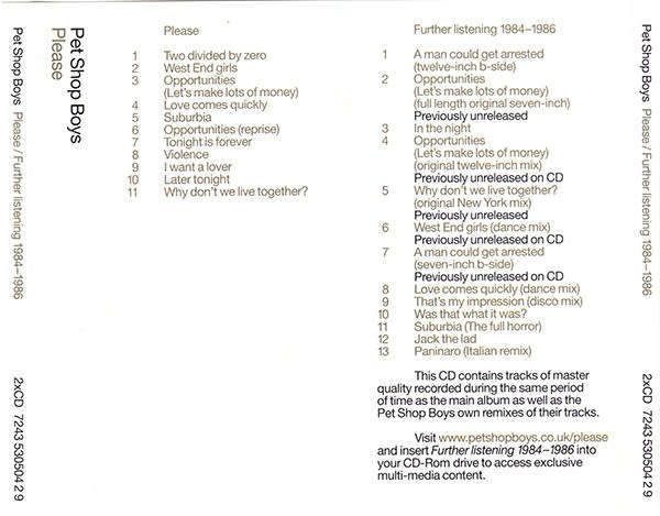 Pet Shop Boys - Please / Further Listening Double CD 1984 - 1986 RAS