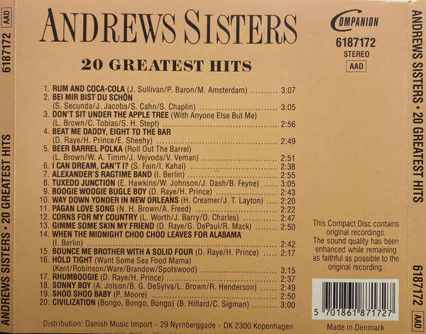 Andrews Sisters - 20 Greatest Hits CD Import
