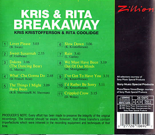 Kris Kristoffersen & Rita Coolidge - Breakaway CD Import