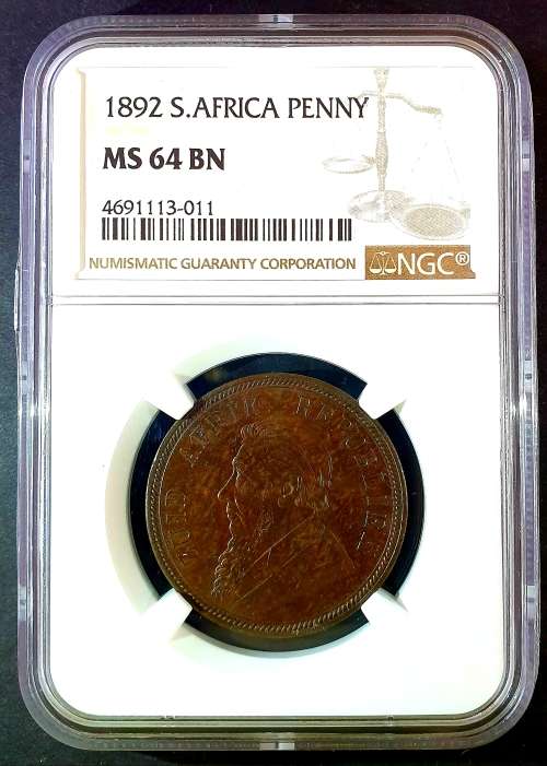 1892 ZAR Penny NGC Graded MS64BN Beauty