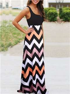 Chevron-Print Crew-Neck Maxi Dress