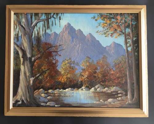 T REYNEKE - ORIGINAL MOUNTAIN LANDSCAPE OIL CANVAS PAINTING ATTACHED TO BOARD