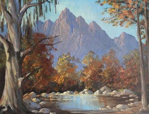 T REYNEKE - ORIGINAL MOUNTAIN LANDSCAPE OIL CANVAS PAINTING ATTACHED TO BOARD