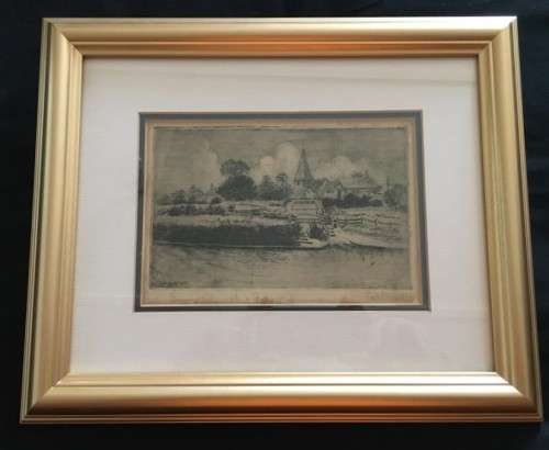 ETCHING OF BURY CHURCH and FERRY SUSSEX IN ENGLAND IN GOLD FRAME WITH ORIGINAL LETTER DATED 1935