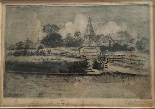 ETCHING OF BURY CHURCH and FERRY SUSSEX IN ENGLAND IN GOLD FRAME WITH ORIGINAL LETTER DATED 1935