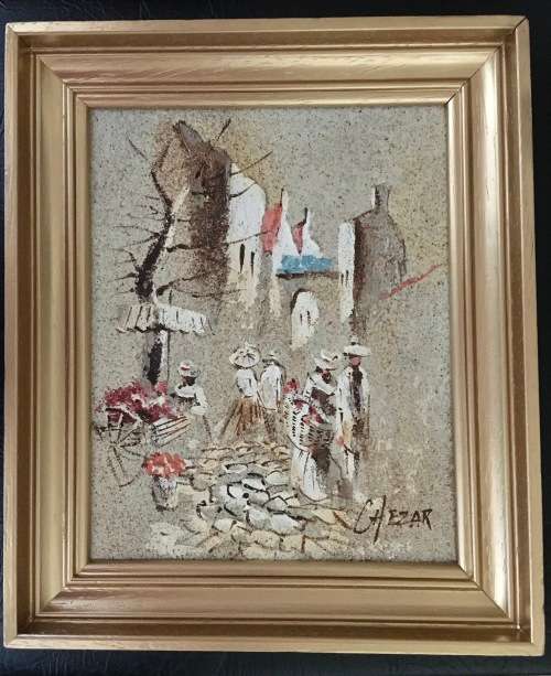 ORIGINAL BORIS CHEZAR - OIL AND SAND PAINTING ON CANVASS ATTACHED TO BOARD IN GOLD FRAME