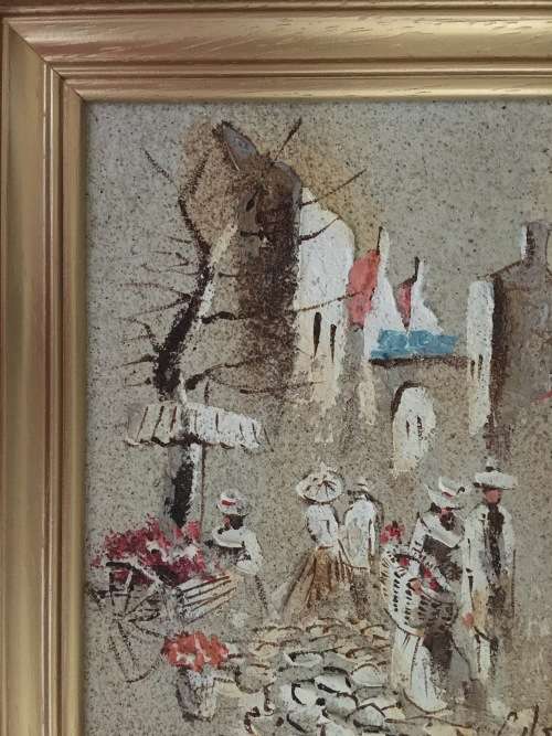 ORIGINAL BORIS CHEZAR - OIL AND SAND PAINTING ON CANVASS ATTACHED TO BOARD IN GOLD FRAME