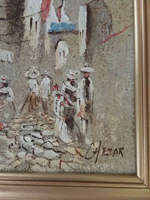ORIGINAL BORIS CHEZAR - OIL AND SAND PAINTING ON CANVASS ATTACHED TO BOARD IN GOLD FRAME