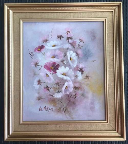 ORIGINAL NEL MCKEITH - BEAUTIFUL COSMOS OIL ON CANVAS ATTACHED TO BOARD IN GOLD FRAME
