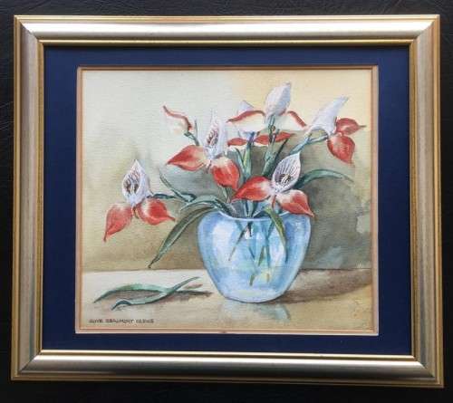 LISTED ARTIST - ORIGINAL OLIVE BEAUMONT CREWE -  RED DISAS IN VASE WATERCOLOUR