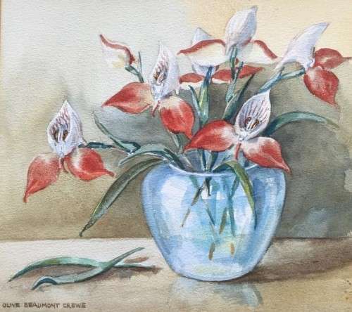 LISTED ARTIST - ORIGINAL OLIVE BEAUMONT CREWE -  RED DISAS IN VASE WATERCOLOUR