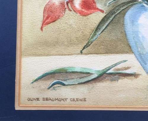 LISTED ARTIST - ORIGINAL OLIVE BEAUMONT CREWE -  RED DISAS IN VASE WATERCOLOUR