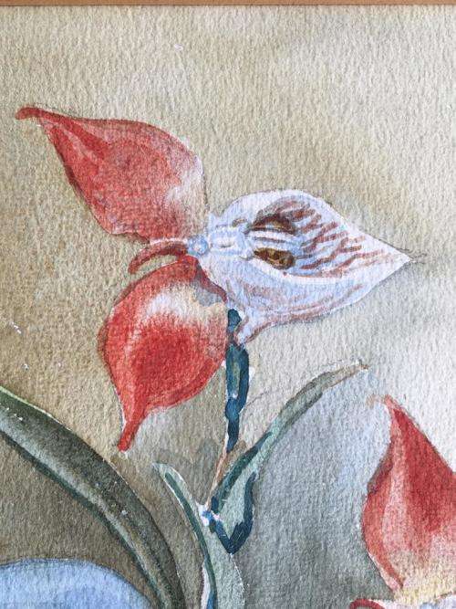 LISTED ARTIST - ORIGINAL OLIVE BEAUMONT CREWE -  RED DISAS IN VASE WATERCOLOUR