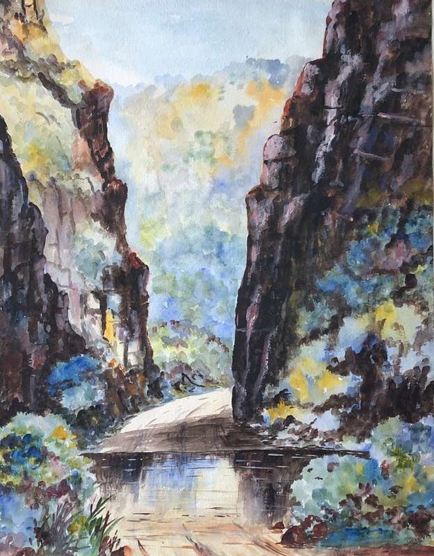 RARE ORIGINAL - F HILDEBRAND WATERCOLOUR & GOUACHE  - WYLLIES POORT TRANSVAAL