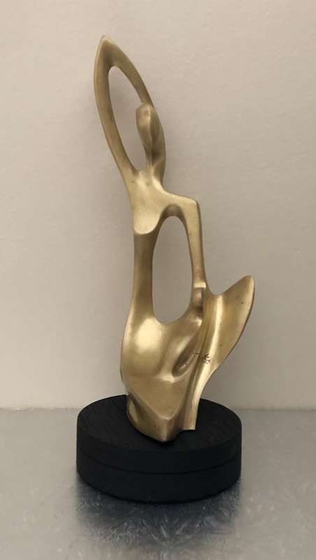 BRONZE STATUE - MOTHER AND CHILD ON BLACK WOODEN BASE