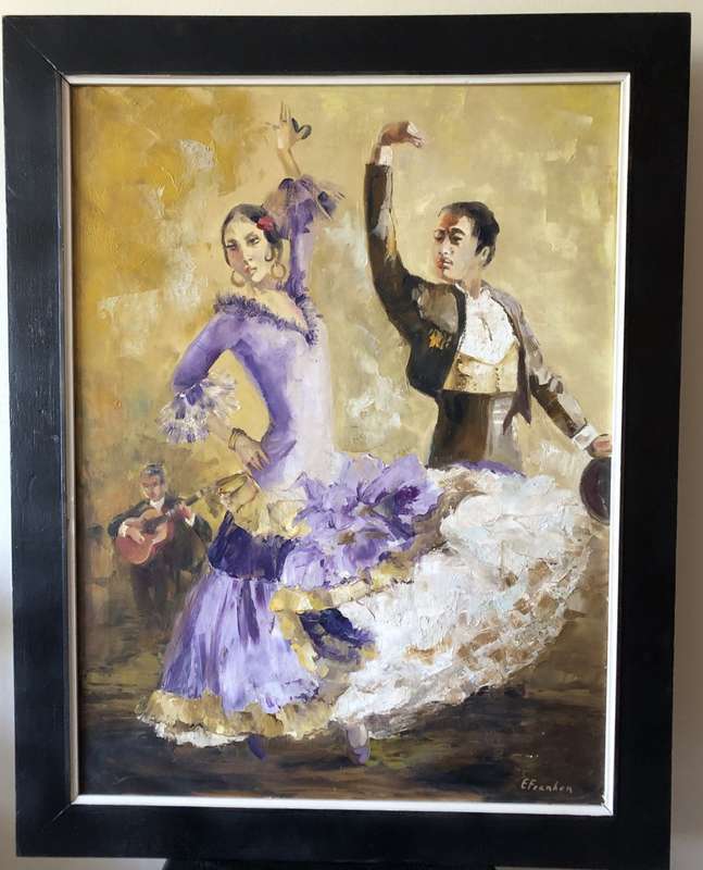 ORIGINAL WELL KNOWN ARTIST - E. FRANKEN OIL ON CANVAS PAINTING - `SPANISH DANCERS` - 75CM x 95CM