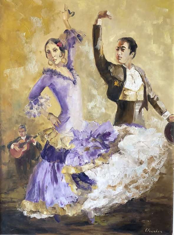 ORIGINAL WELL KNOWN ARTIST - E. FRANKEN OIL ON CANVAS PAINTING - `SPANISH DANCERS` - 75CM x 95CM