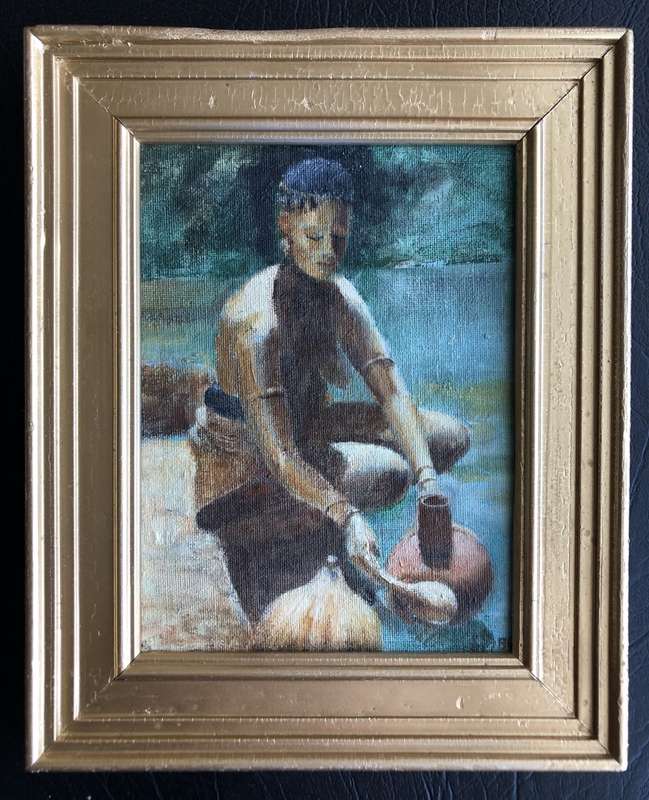 ORIGINAL SMALL OIL ON CANVAS ATTACHED TO BOARD - `ZULU MAIDEN COLLECTING WATER`