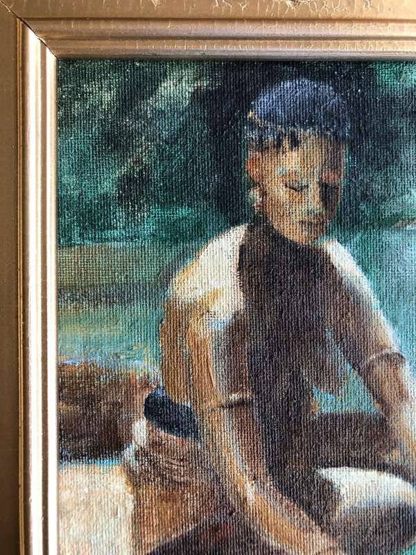 ORIGINAL SMALL OIL ON CANVAS ATTACHED TO BOARD - `ZULU MAIDEN COLLECTING WATER`