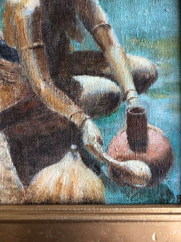 ORIGINAL SMALL OIL ON CANVAS ATTACHED TO BOARD - `ZULU MAIDEN COLLECTING WATER`