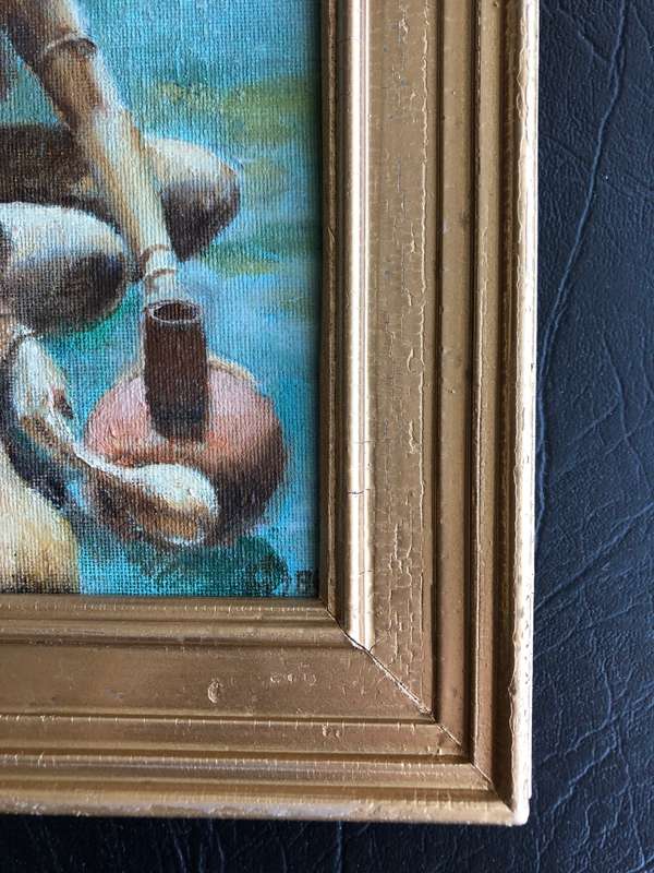 ORIGINAL SMALL OIL ON CANVAS ATTACHED TO BOARD - `ZULU MAIDEN COLLECTING WATER`