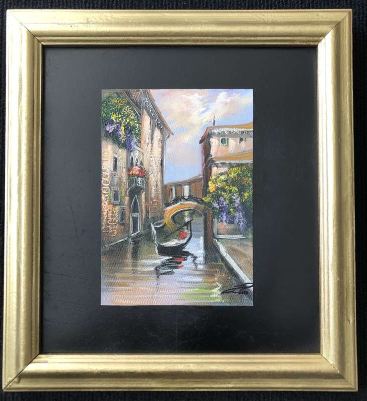 ORIGINAL - VENICE OIL PAINTING ON CANVAS SIGNED ATTACHED TO BOARD IN GOLD FRAME