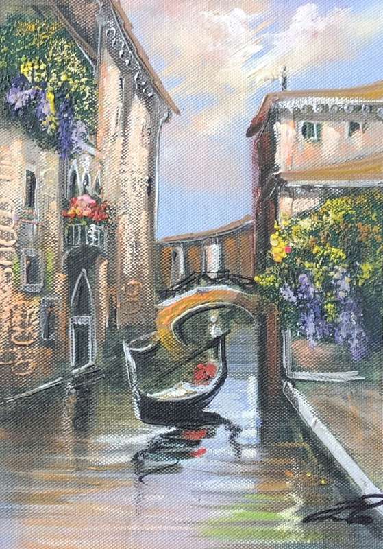 ORIGINAL - VENICE OIL PAINTING ON CANVAS SIGNED ATTACHED TO BOARD IN GOLD FRAME