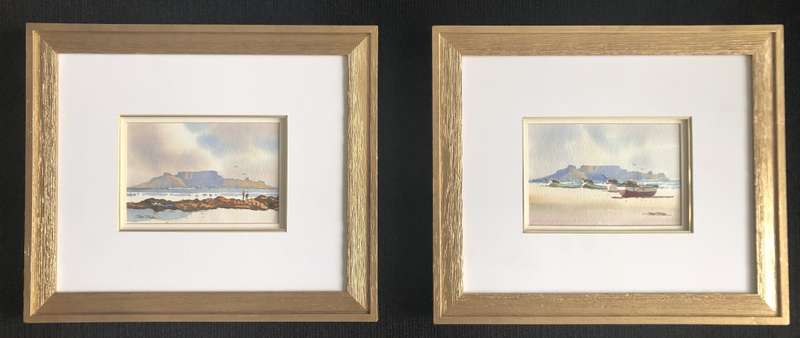ORIGINAL TWO PETER MILLS WATER COLOR PAINTINGS OF BLOUBERG STRAND IN GOLD FRAMES