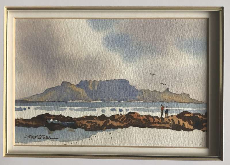 ORIGINAL TWO PETER MILLS WATER COLOR PAINTINGS OF BLOUBERG STRAND IN GOLD FRAMES