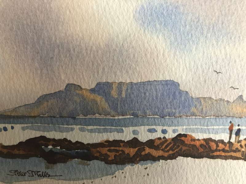 ORIGINAL TWO PETER MILLS WATER COLOR PAINTINGS OF BLOUBERG STRAND IN GOLD FRAMES